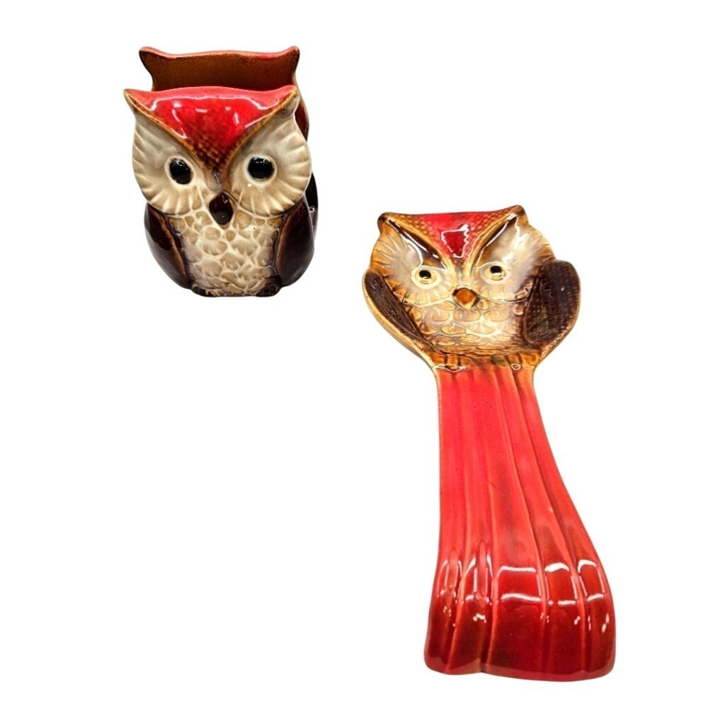 Vintage Owl Ceramic‎ Spoon Rest and Napkin Holder Set Red Brown Glossy Glaze